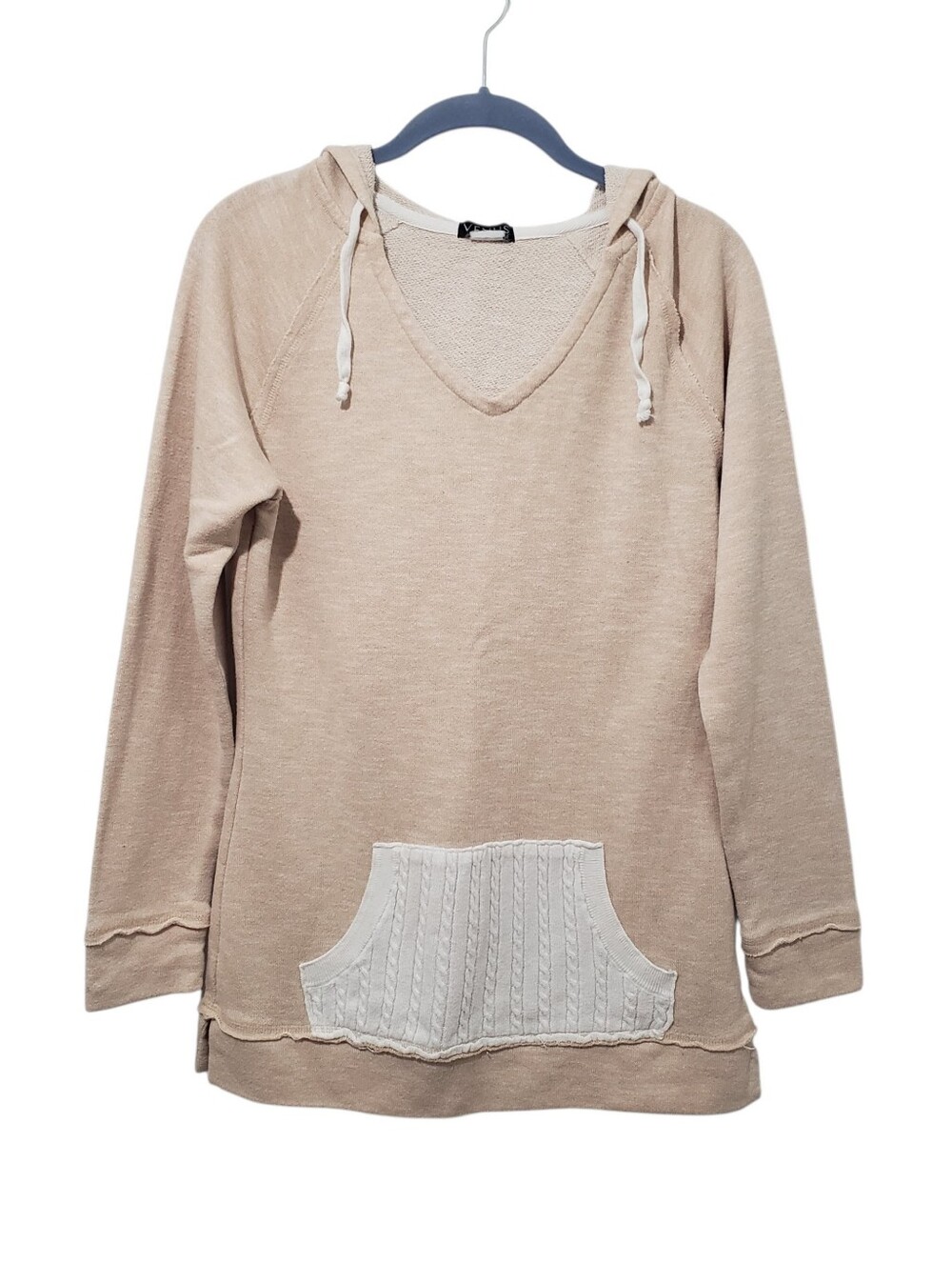 VENUS Beige Cream V-Neck Hooded Sweater with Contrast Pocket | Small
